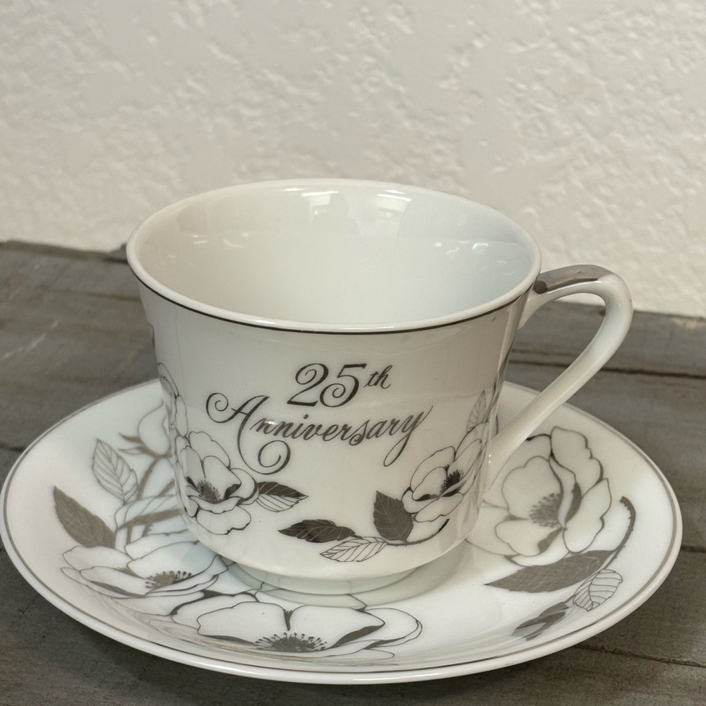 Georgian Fine China Silver Lined Floral 25th Anniversary Tea Cup Saucer Japan
